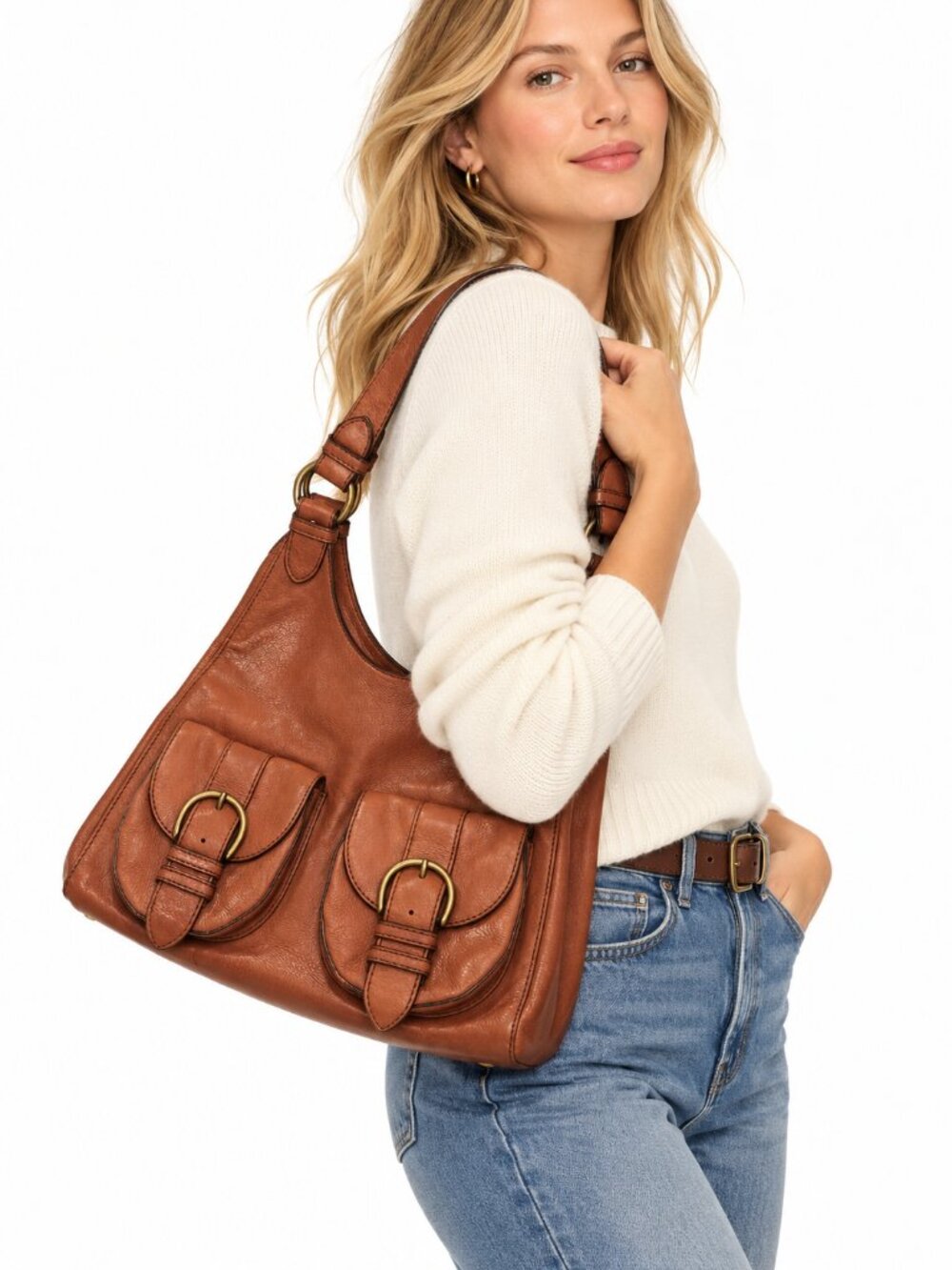 Banana Republic Cognac Brown Leather Hobo Shoulder Bag Buckle Pockets Fall 07